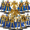 A collection of Saint Seiya Golden Warrior action figures featuring various characters in gold and blue armor.