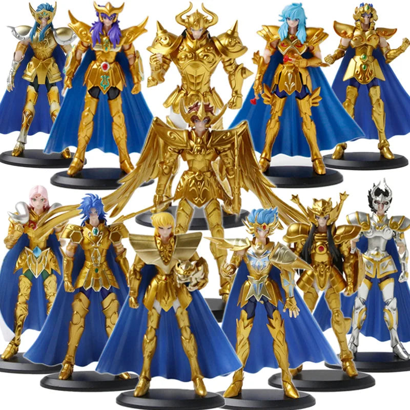 A collection of Saint Seiya Golden Warrior action figures featuring various characters in gold and blue armor.