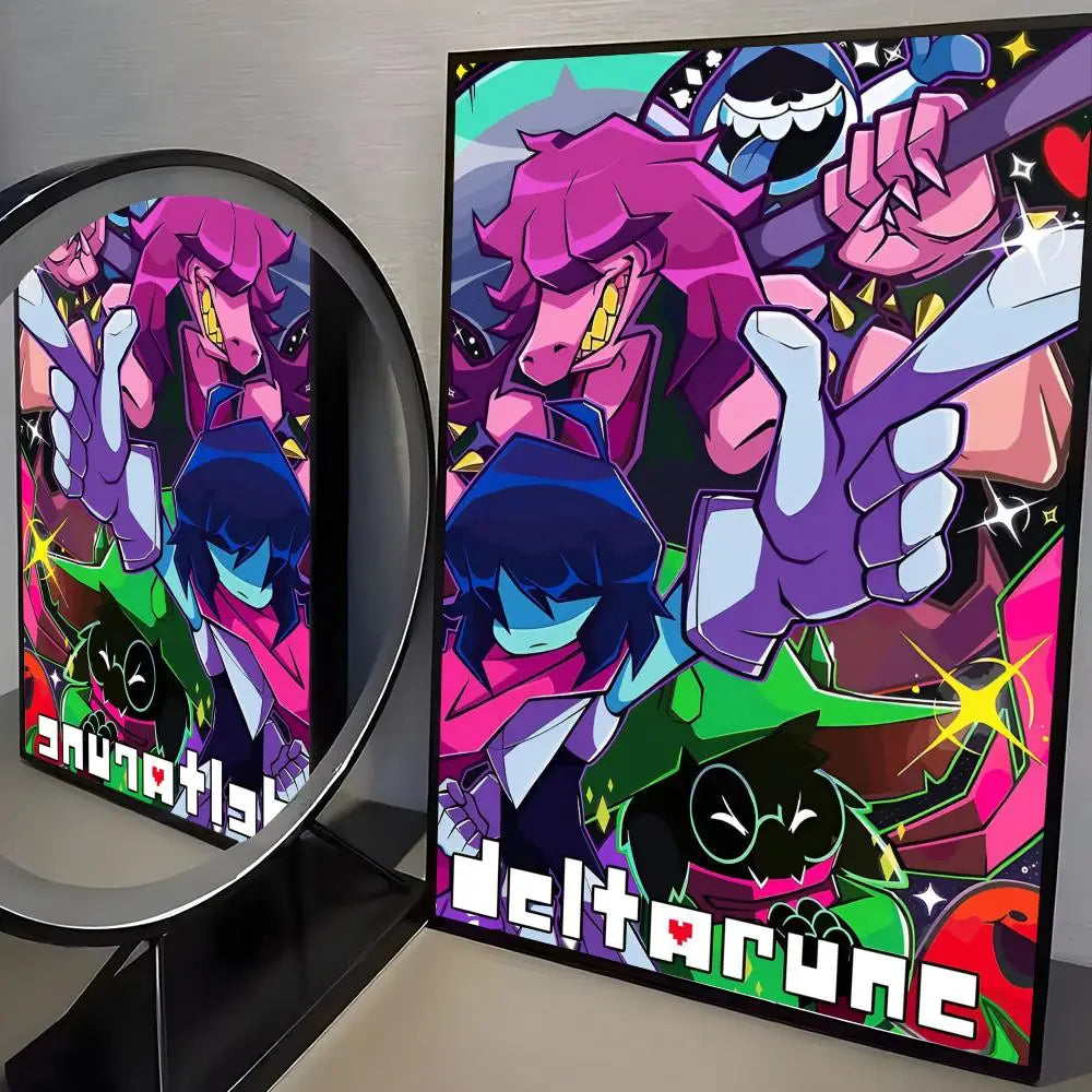 A vibrant poster featuring characters from Deltarune in a dynamic, colorful illustration.