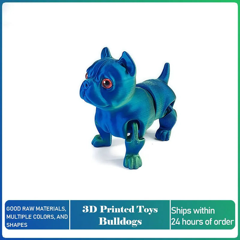 A vibrant blue 3D printed articulated bulldog figurine.
