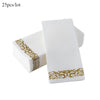A stack of white paper dinner napkins with rose gold trim and gold foil detailing.