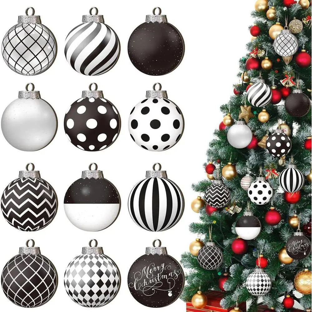 A collection of black and white polka dot winter ball Christmas ornaments hanging on a green fir tree.