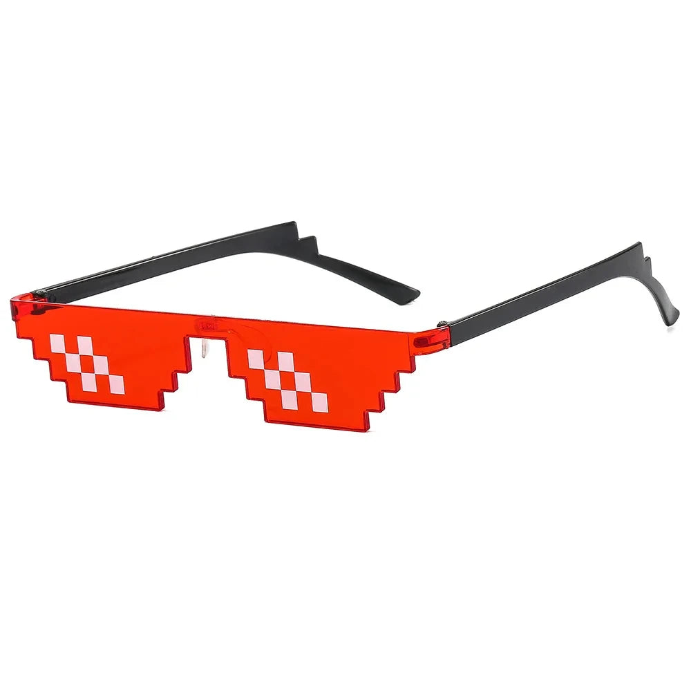 Orange pixel mosaic sunglasses with black frames and UV400 protection