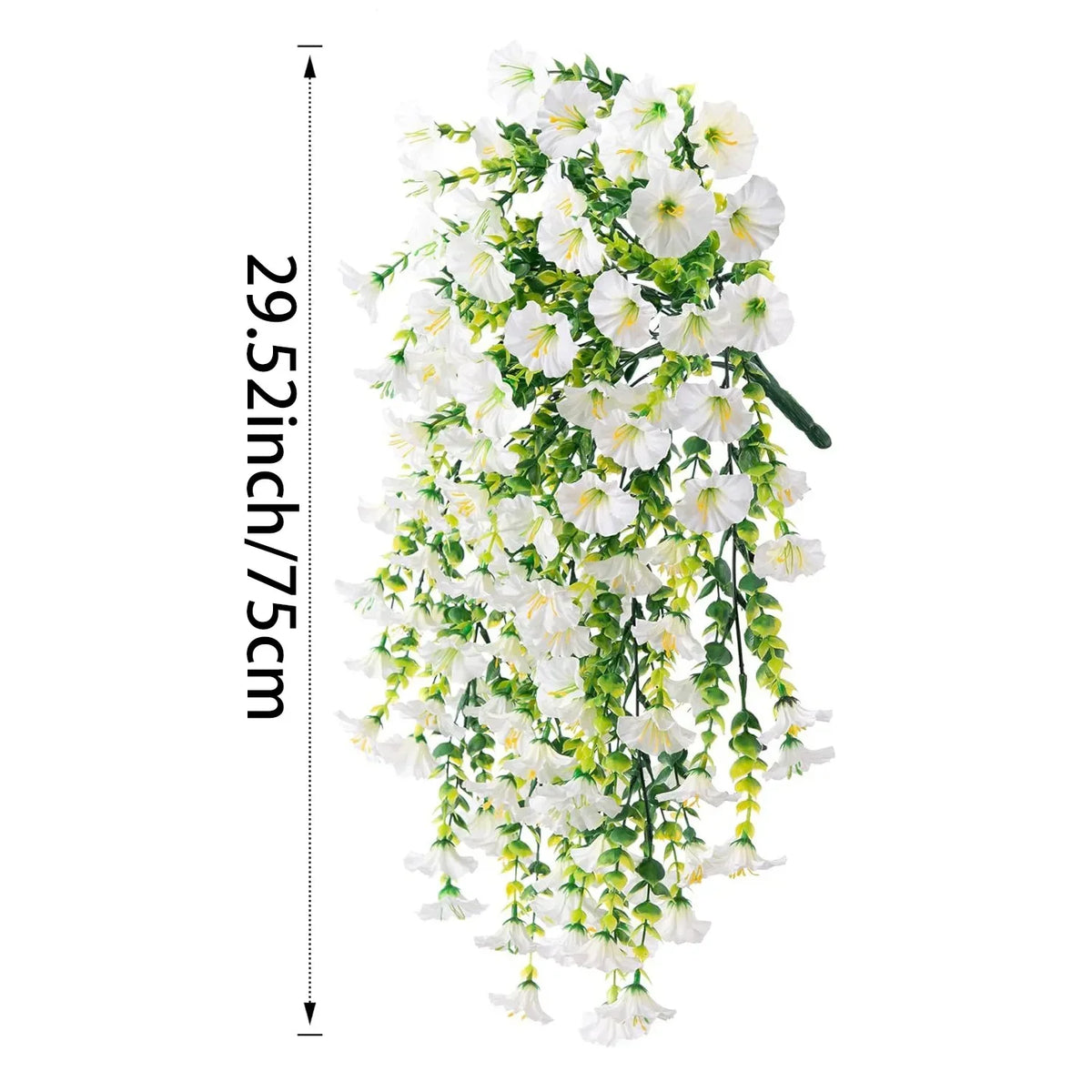 A long, cascading garland of white morning glory flowers and green eucalyptus leaves.