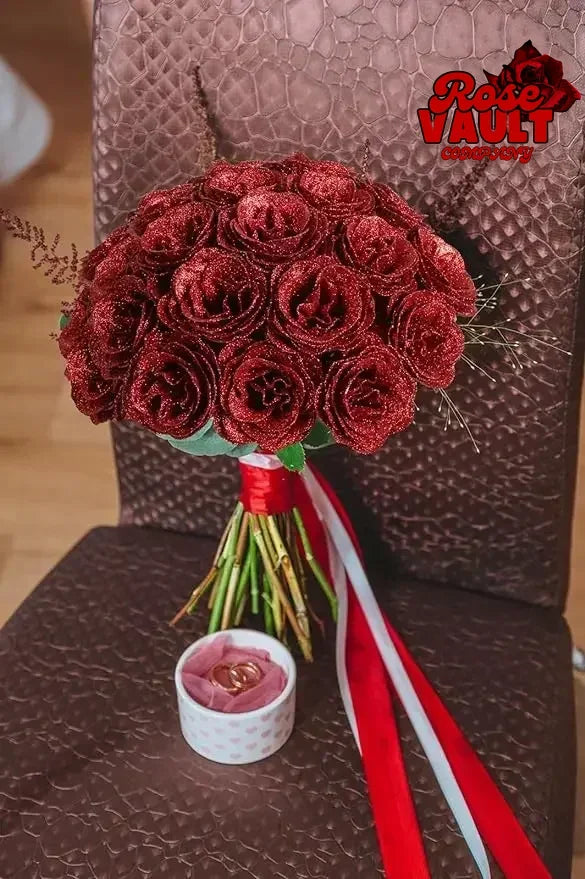 A bouquet of deep red artificial roses with green stems and red ribbon placed on a brown textured surface.