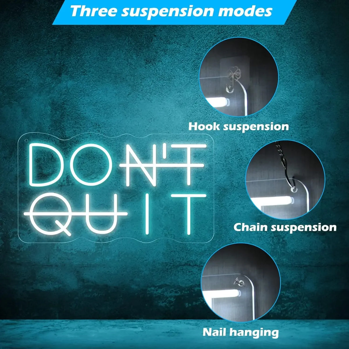 Neon sign display showing three suspension modes: hook, chain, and nail hanging.