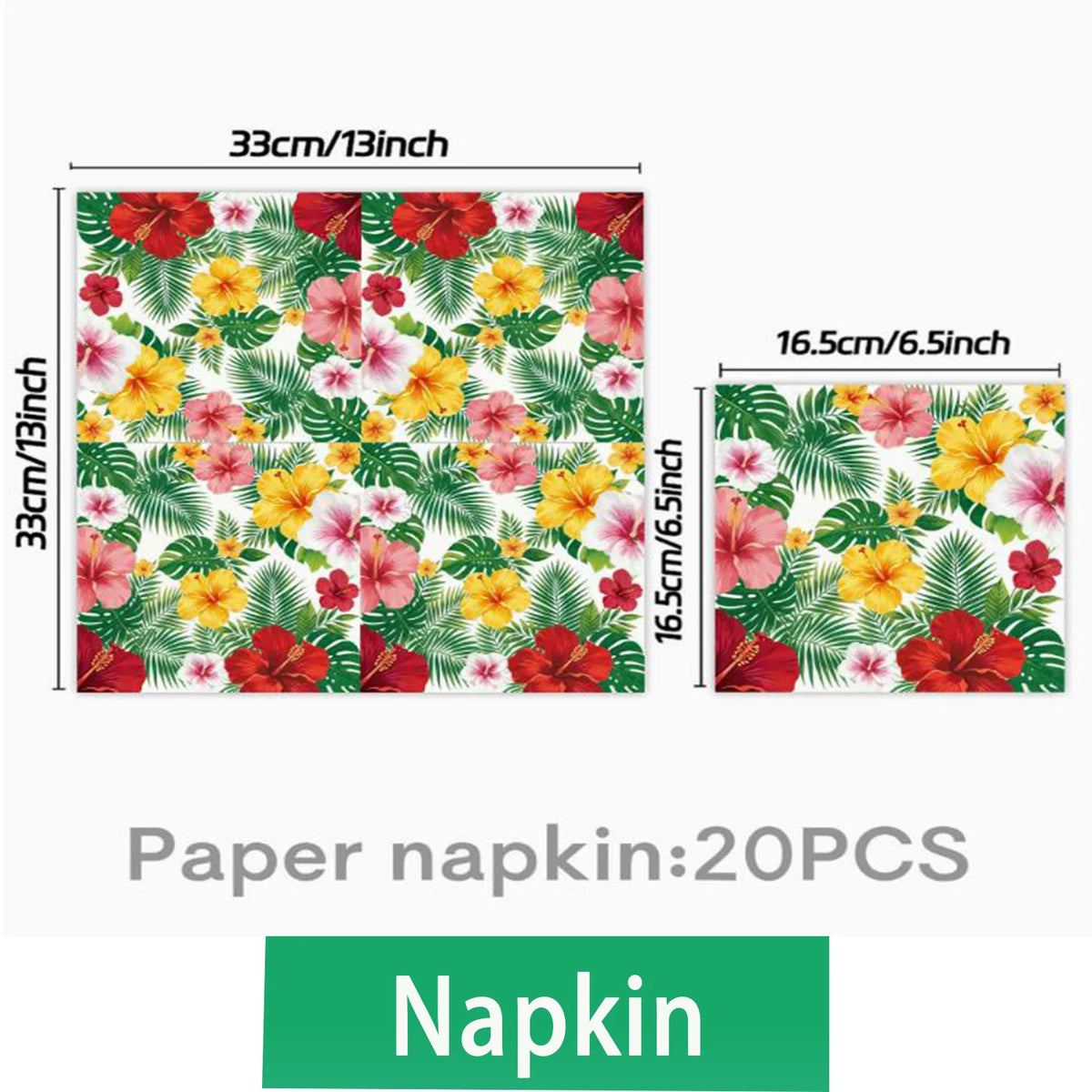 A set of twenty paper napkins featuring a vibrant tropical floral pattern with red, pink, yellow, and green leaves.