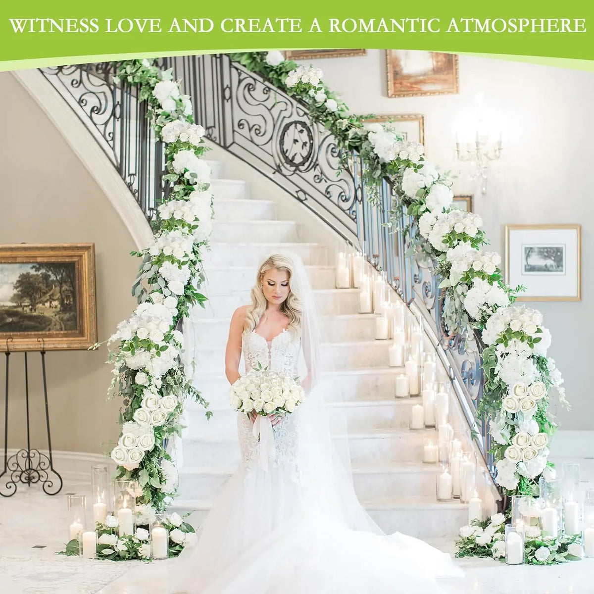 A grand staircase decorated with white floral garlands and candles, set in a bright interior.