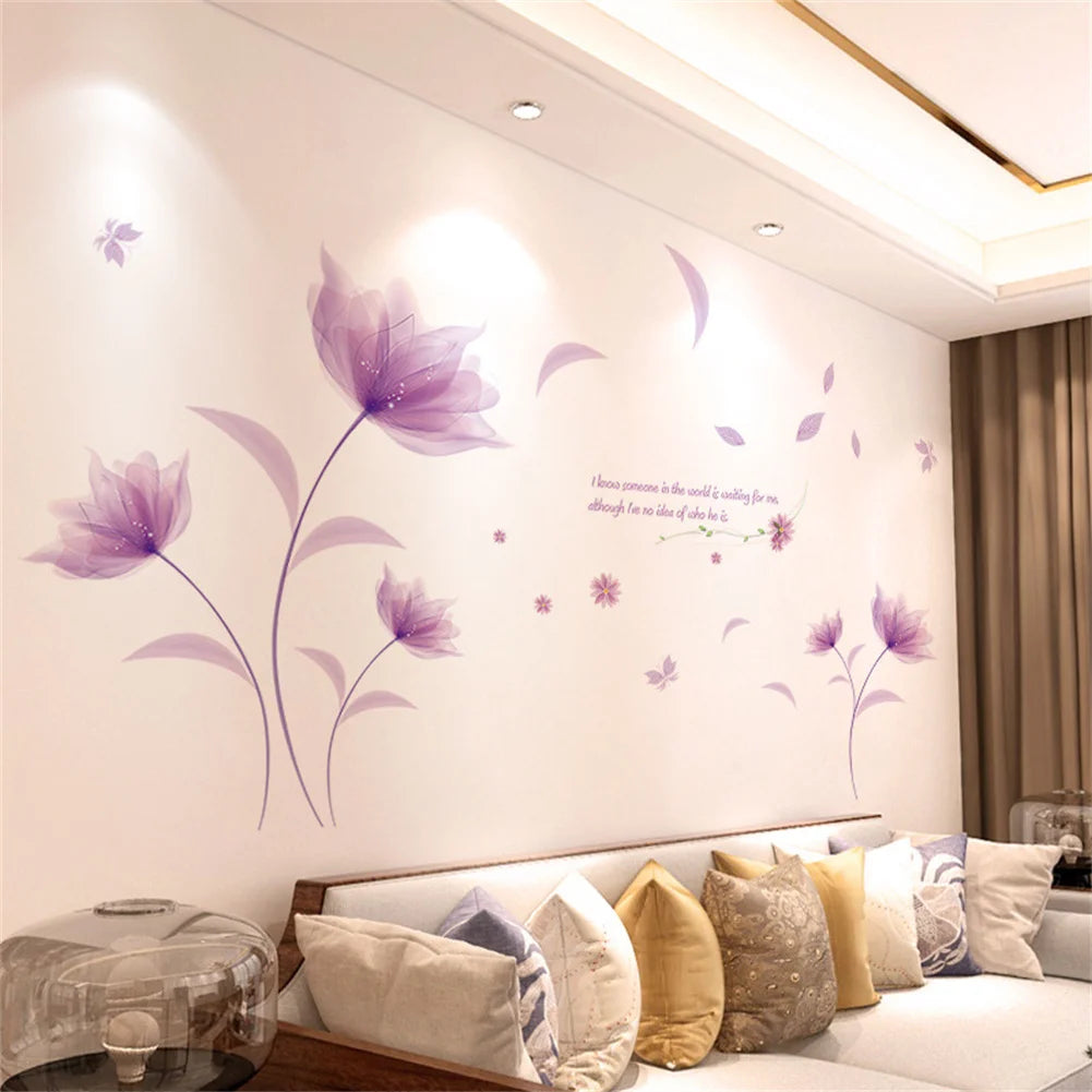 Wall stickers featuring purple and pink roses on a white wall in a modern interior setting.