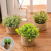 A potted artificial plant with green leaves sits on a wooden surface.