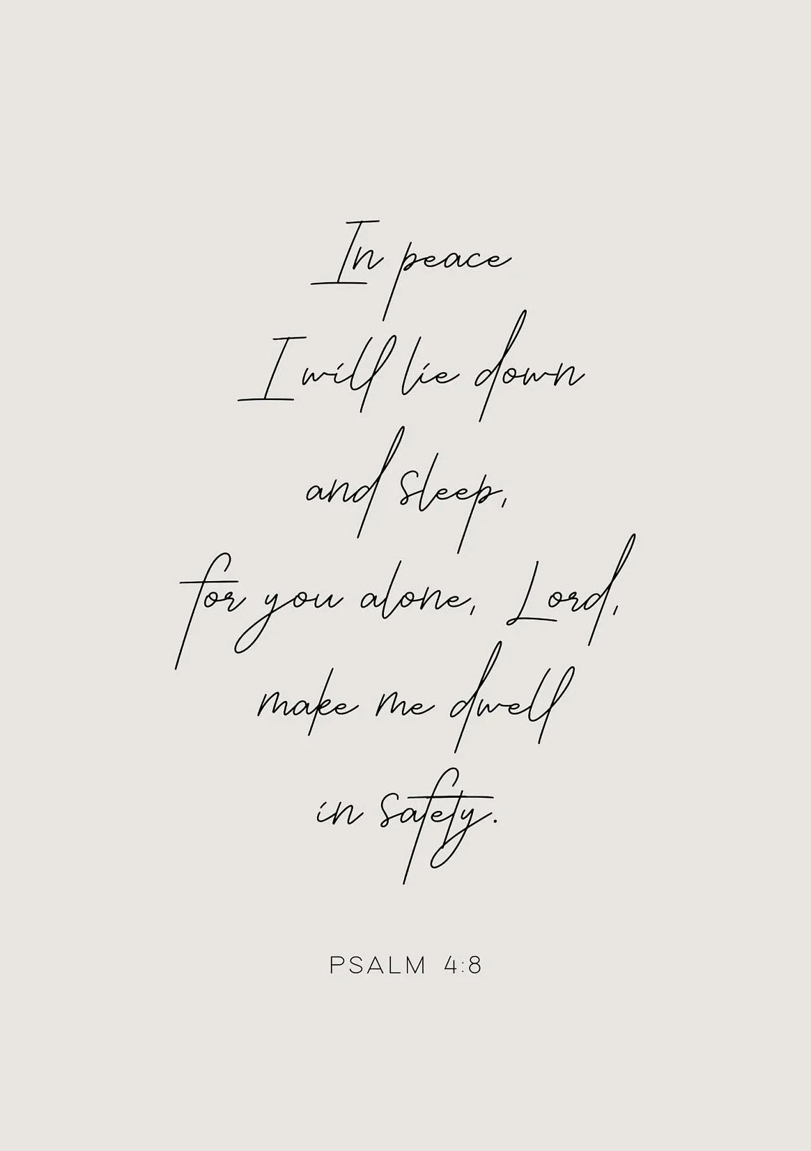 A black script rendering of Psalm 4:8 on a light gray background.