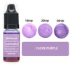 A bottle of Clove Purple liquid pigment with three dropper sizes showing different concentrations.