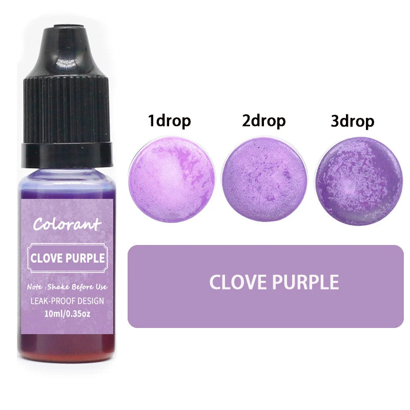 A bottle of Clove Purple liquid pigment with three dropper sizes showing different concentrations.