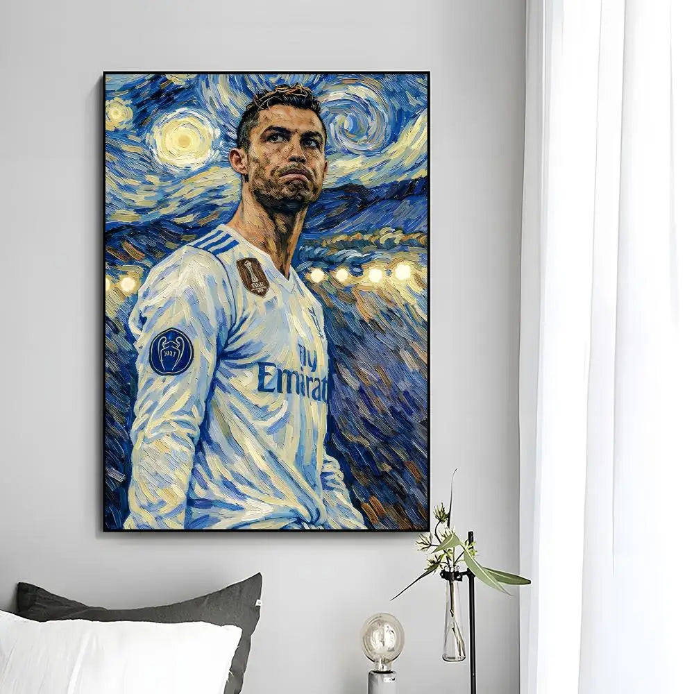 A painting of Cristiano Ronaldo in a white football jersey against a starry night sky.
