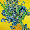 A vibrant painting of a bouquet of blue delphiniums in an orange vase against a bright yellow background.