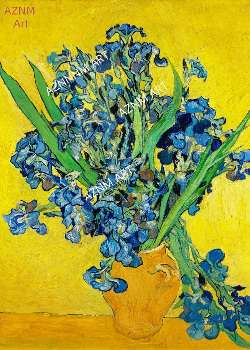A vibrant painting of a bouquet of blue delphiniums in an orange vase against a bright yellow background.