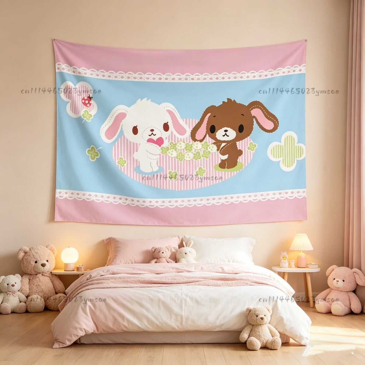 A pink and blue tapestry featuring cute cartoon animals like a bear and a rabbit for bedroom decor.