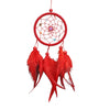 Red handmade boho feather dream catcher wall decor with a circular web and hanging feathers