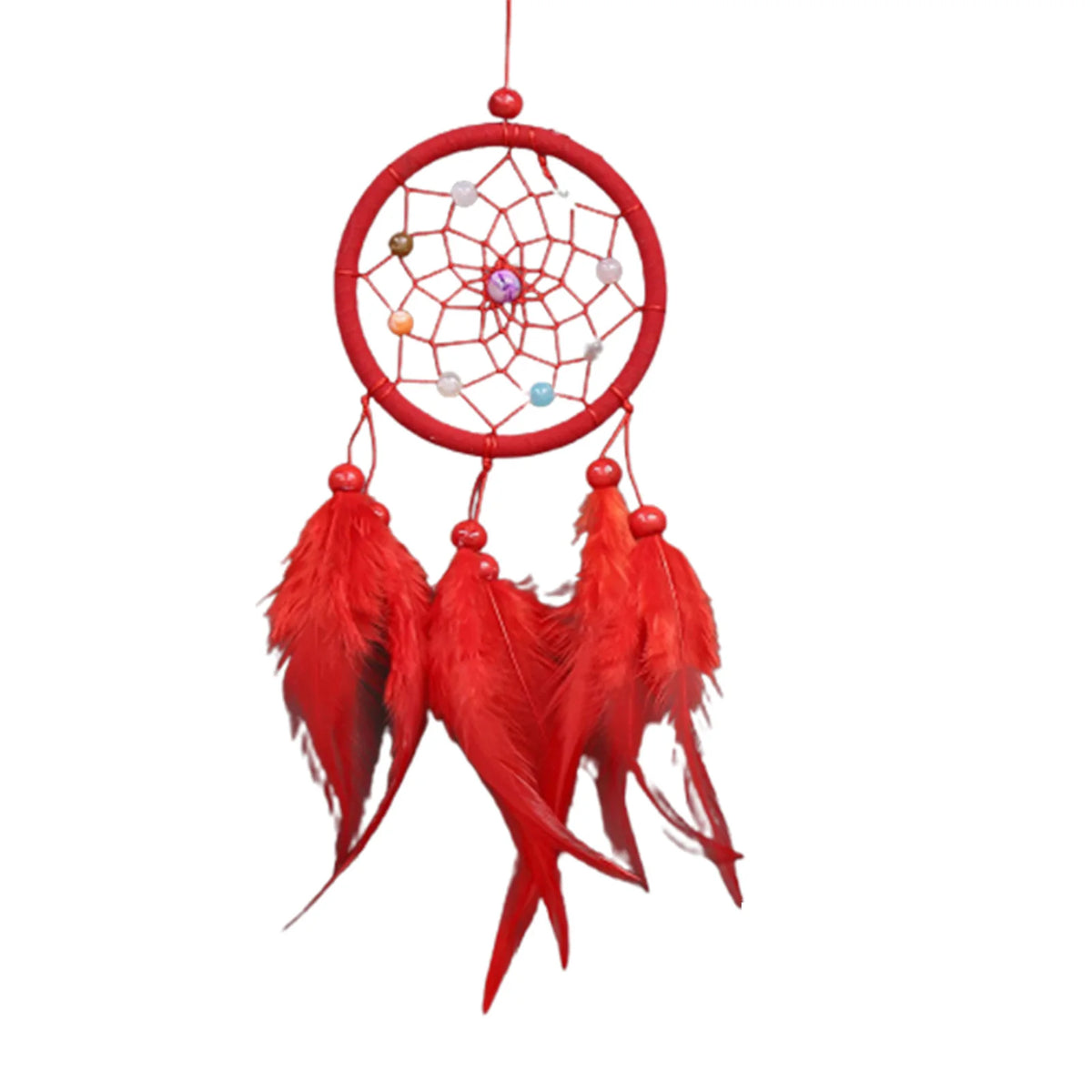 Red handmade boho feather dream catcher wall decor with a circular web and hanging feathers