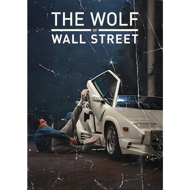 A dramatic photo featuring a person leaning out of a white car, set against a dark background with the title The Wolf of Wall