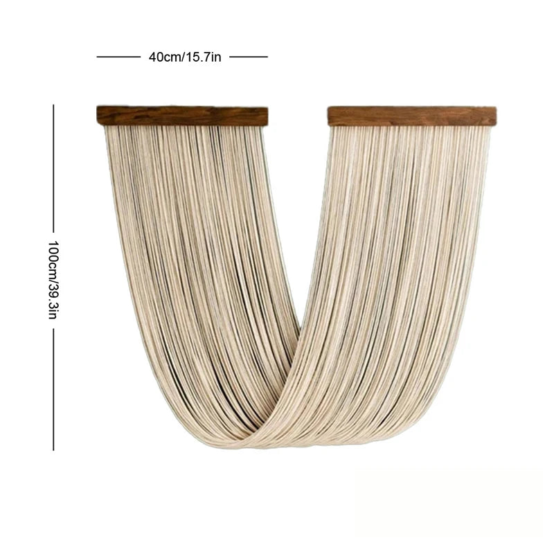 Boho macrame wall tapestry featuring light beige cord and wooden accents.