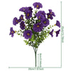 A bouquet of artificial silk cloth purple flowers with green leaves.