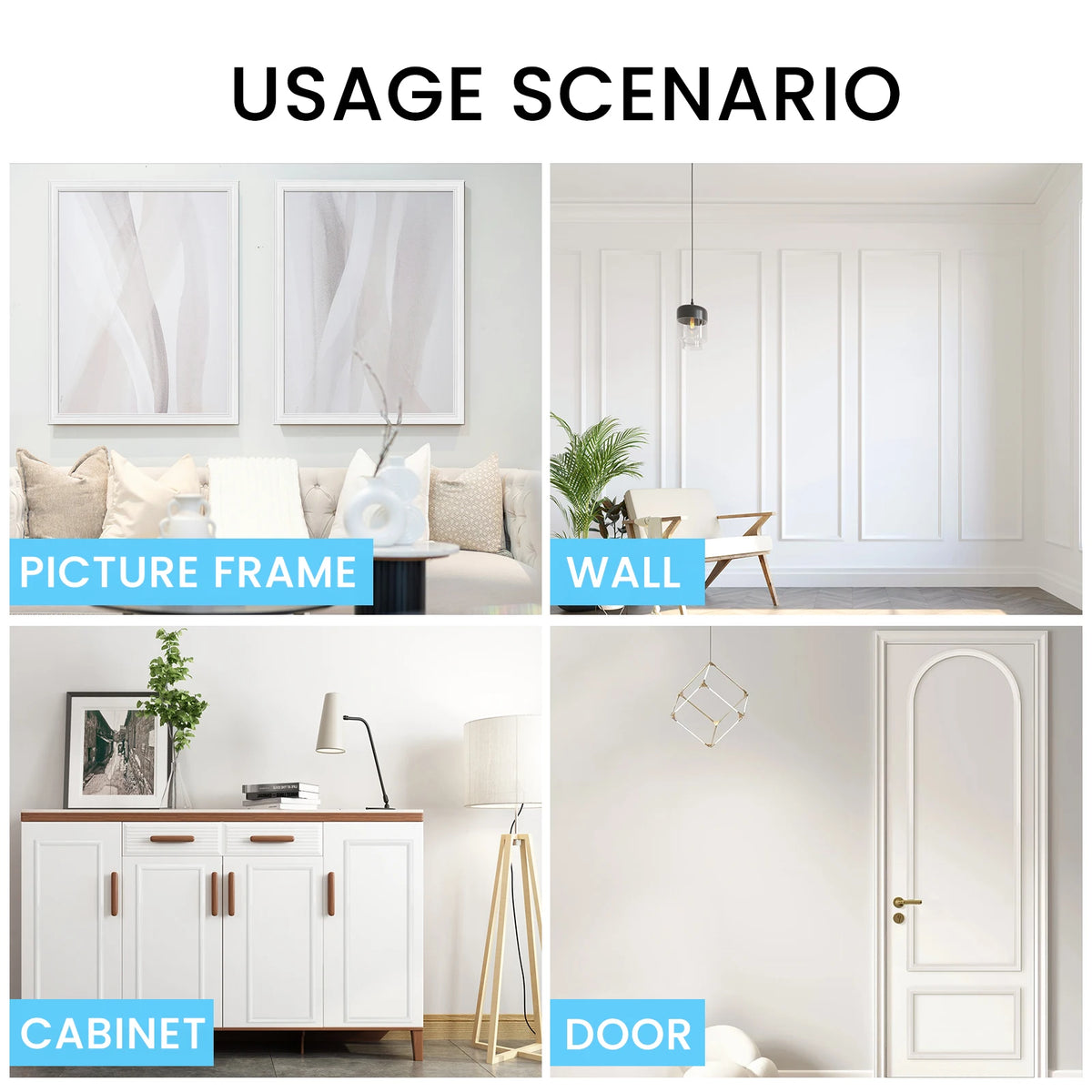 Usage scenarios showing self-adhesive EVA wall trim strips used as picture frame, wall molding, cabinet, and door trim.