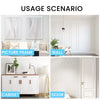 Usage scenarios showing self-adhesive EVA wall trim strips used on a picture frame, wall paneling, cabinet, and door.