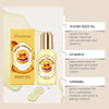 A bottle of Sweet Caramel body oil is shown next to its packaging, with text describing its benefits like repairing the skin 