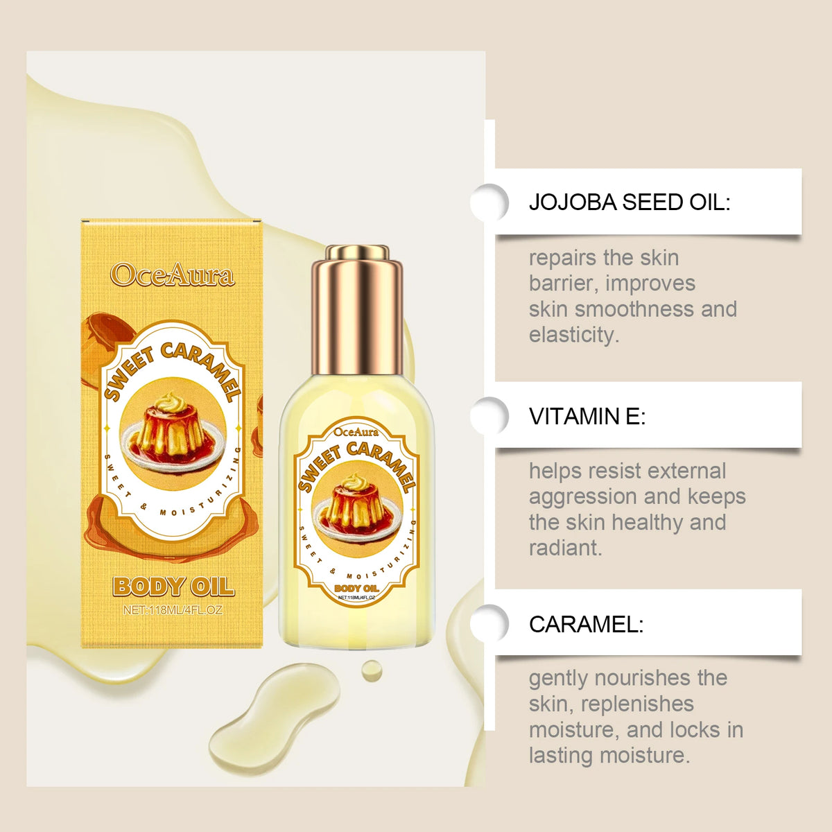 A bottle of Sweet Caramel body oil is shown next to its packaging, with text describing its benefits like repairing the skin 