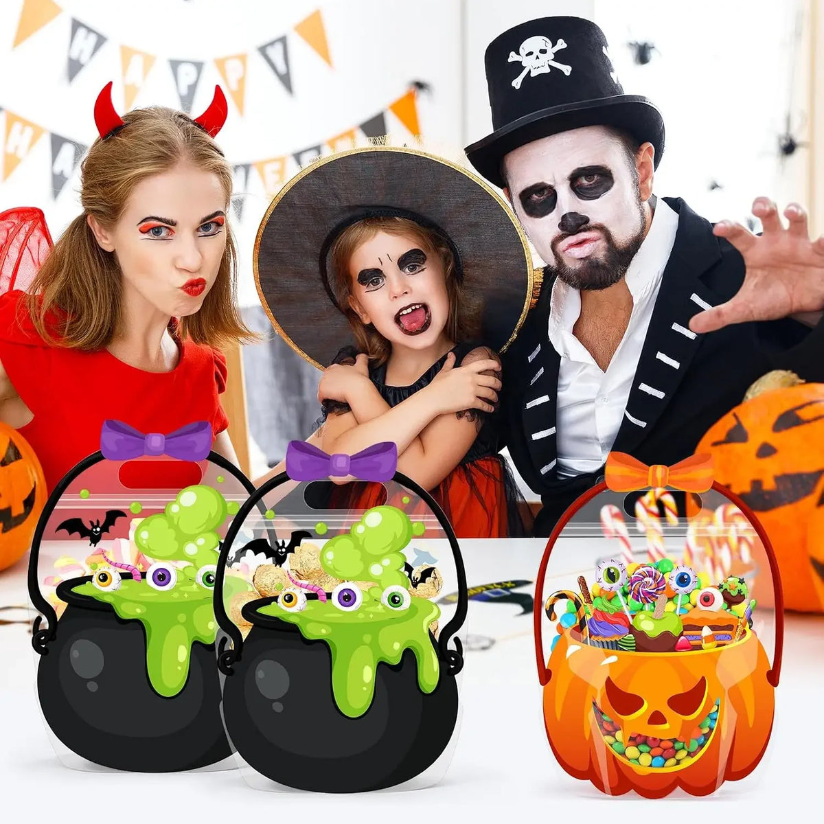 A set of Halloween trick or treat candy bags with handles featuring orange and green pumpkin designs.