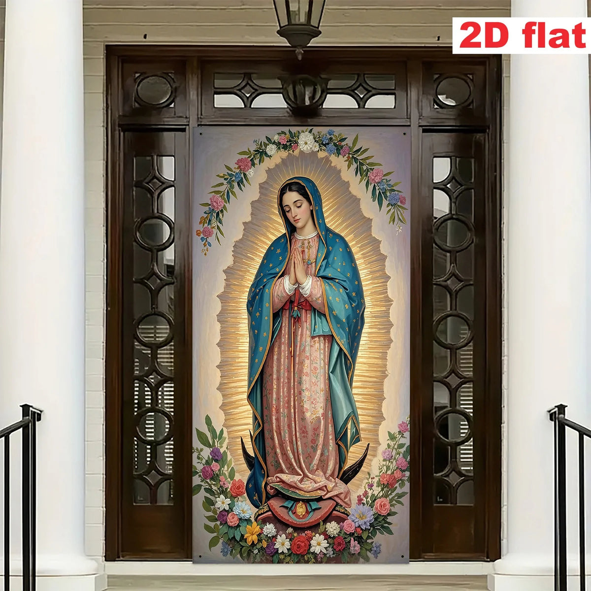 Guadalupe Madonna Religious Wall Art Gate Flag with Golden Halo and Floral Design