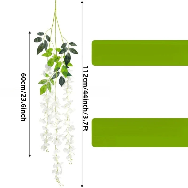 A vertical measurement diagram showing an artificial wisteria vine garland and a green rectangular representation.