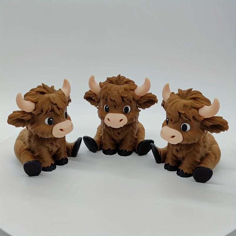 A set of three small, brown Highland cow statues with horns and black hooves displayed against a white background.