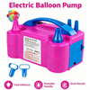 Pink electric balloon pump with blue nozzle and handle, showing features like fast inflation and dual nozzle.