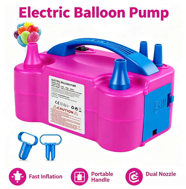 Pompe à ballon électrique rose avec buse et poignée bleues, montrant la vitesse d'inflation et la double buse.