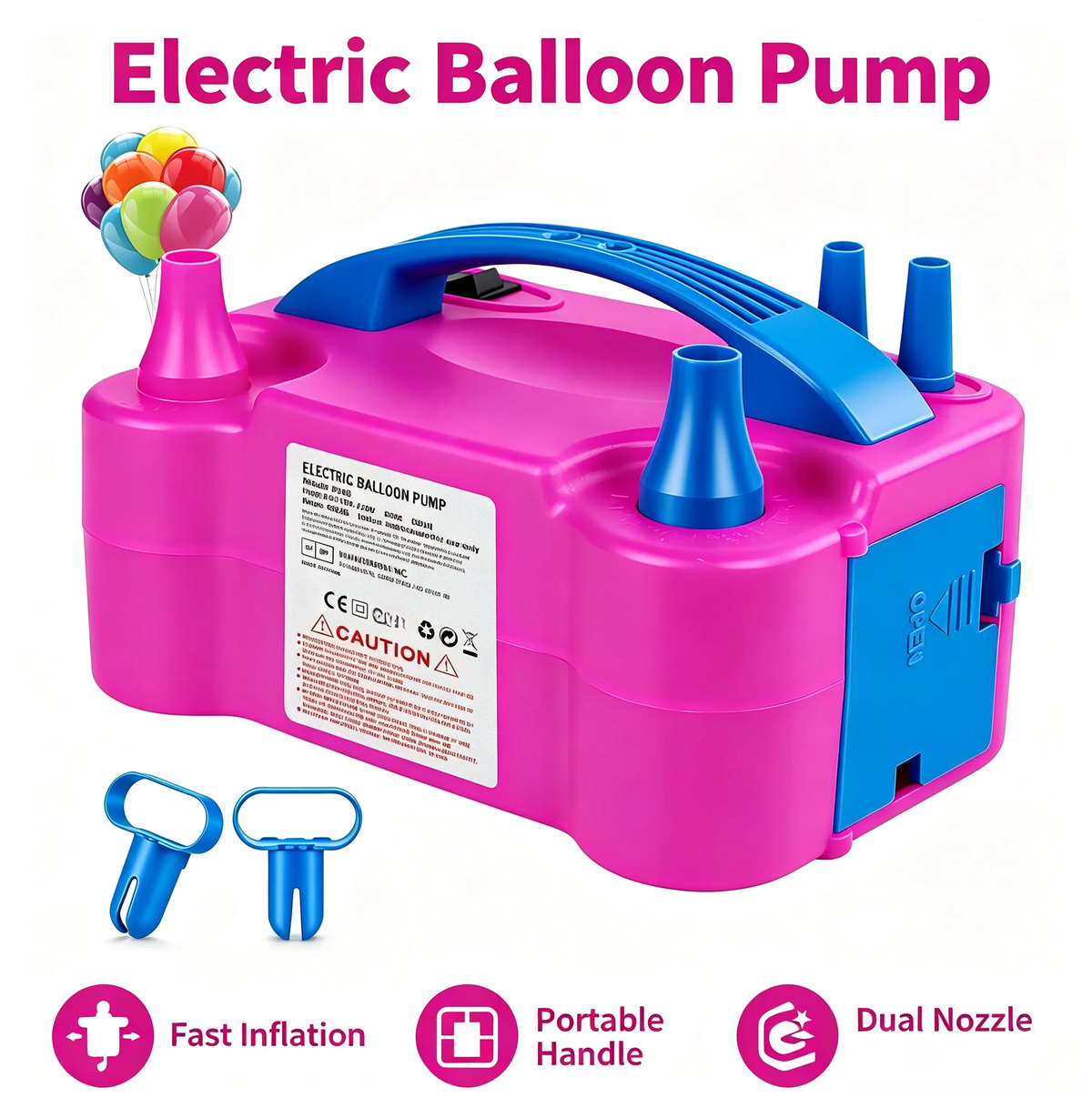 Pink electric balloon pump with blue nozzle and handle, showing features like fast inflation and dual nozzle.
