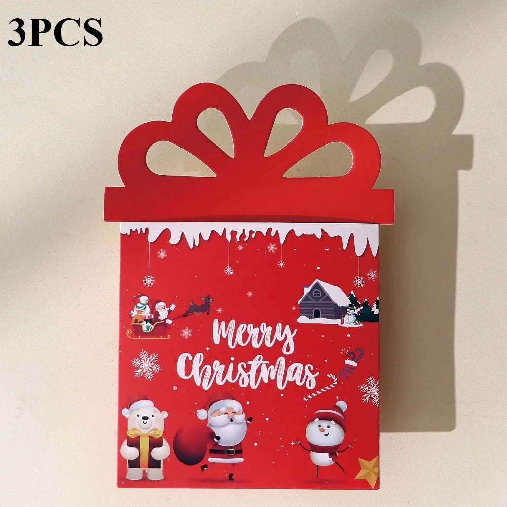 A set of three red cartoon Christmas thank you cards featuring festive designs and snow scenes.