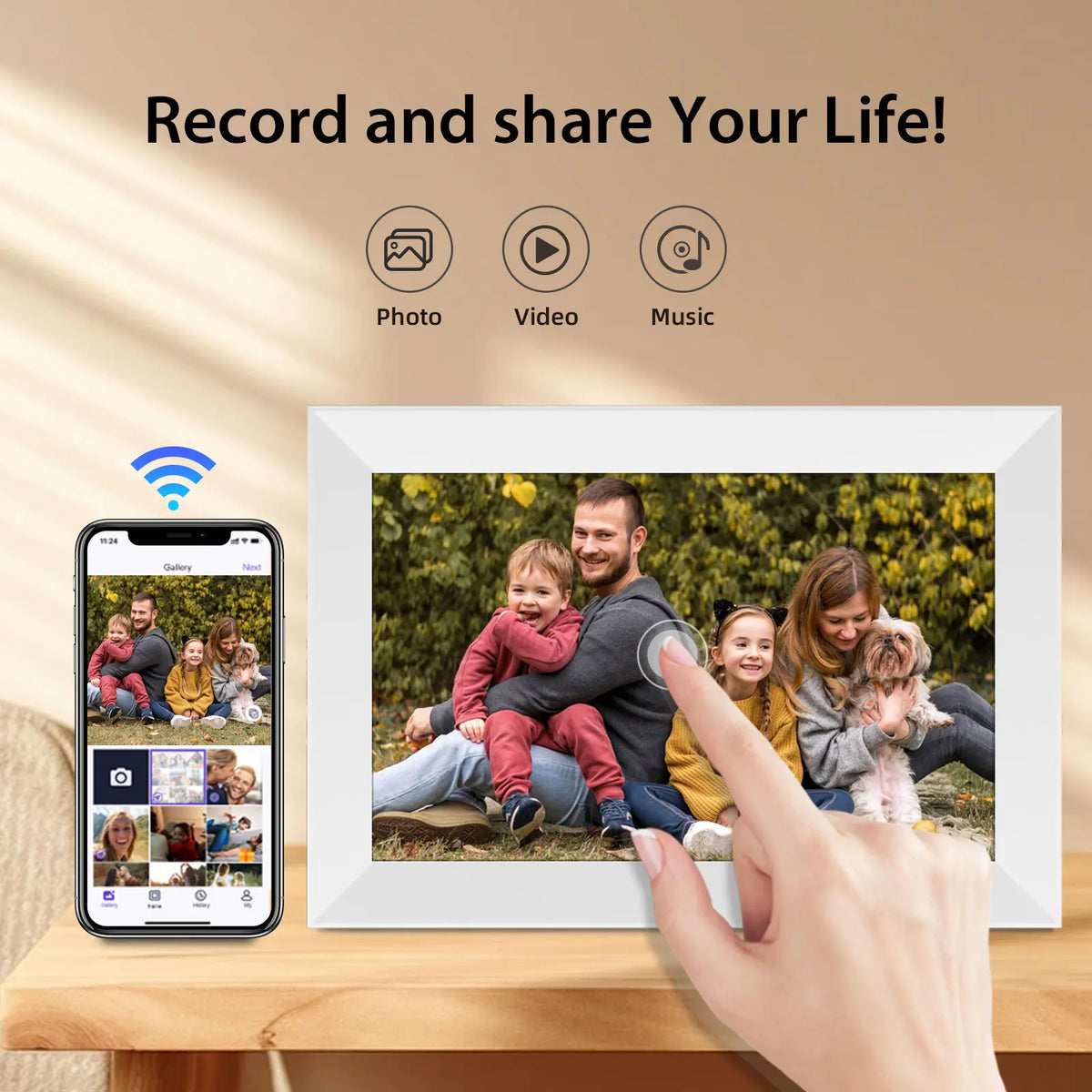 A hand places a photo into a WiFi digital photo frame, demonstrating the ability to record and share life moments.