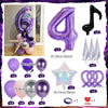 A set of purple and silver balloons, including a number balloon, star balloon, and various colored balloons for a music theme