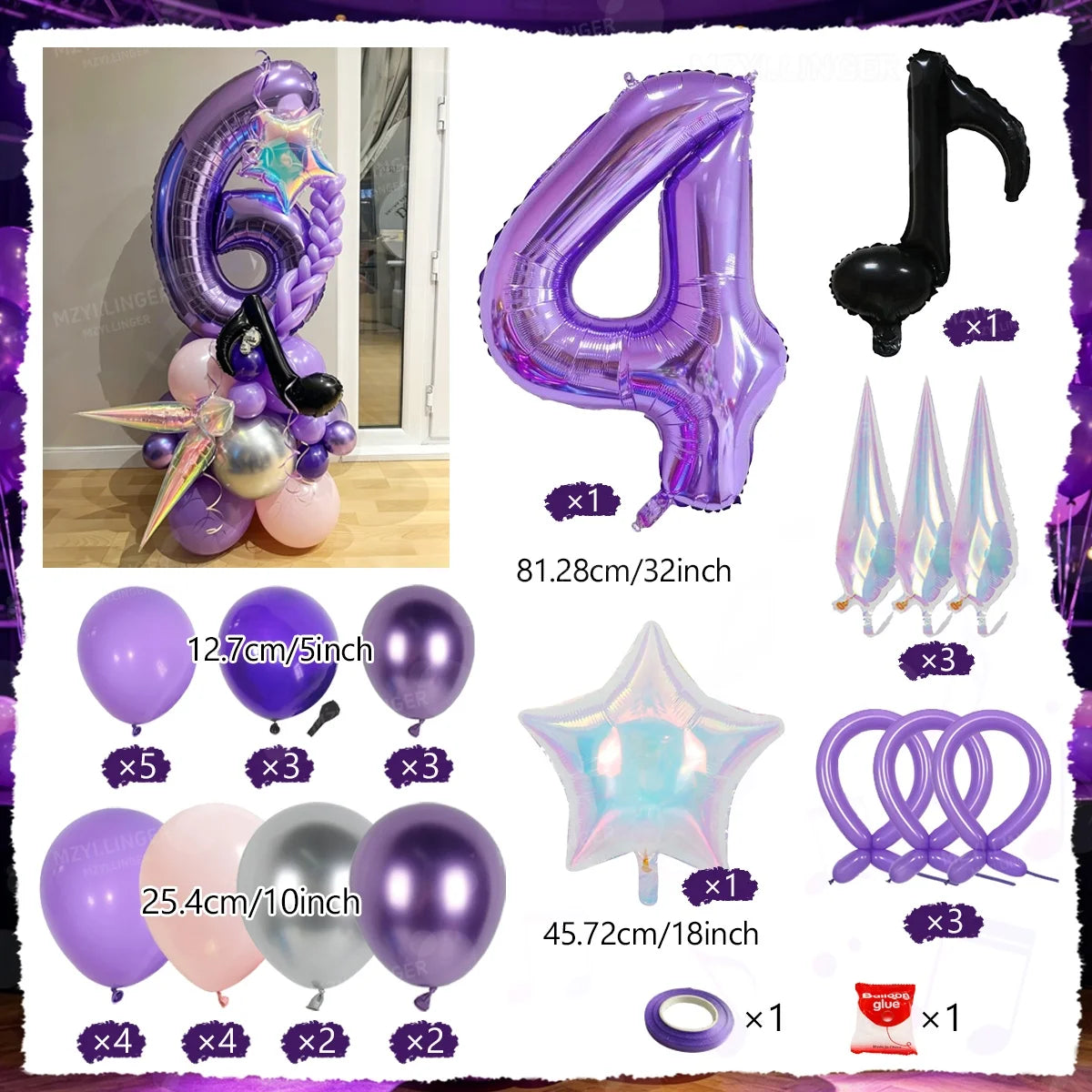 A set of purple and silver balloons, including a number balloon, star balloon, and various colored balloons for a music theme