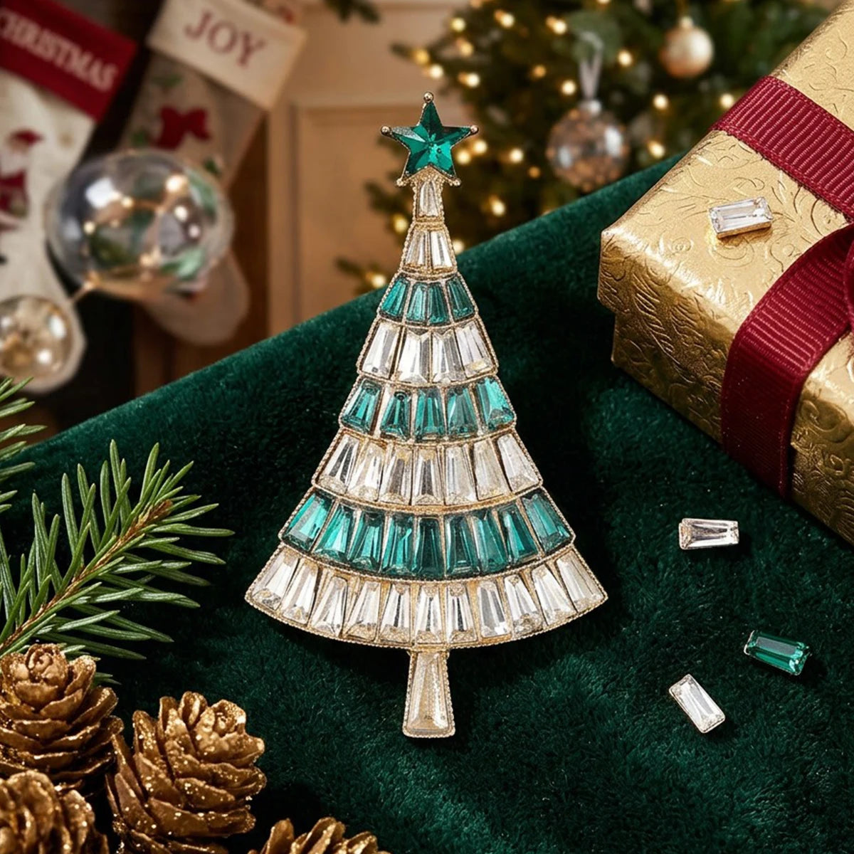 A sparkling rhinestone Christmas tree brooch pin displayed on a dark green velvet fabric with pine cones and festive decorati