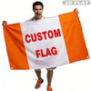 A man holds up a custom orange and white flag banner with the text CUSTOM FLAG printed on it.
