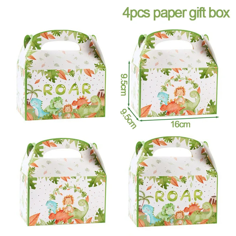 Four paper gift boxes featuring dinosaur illustrations for a party theme