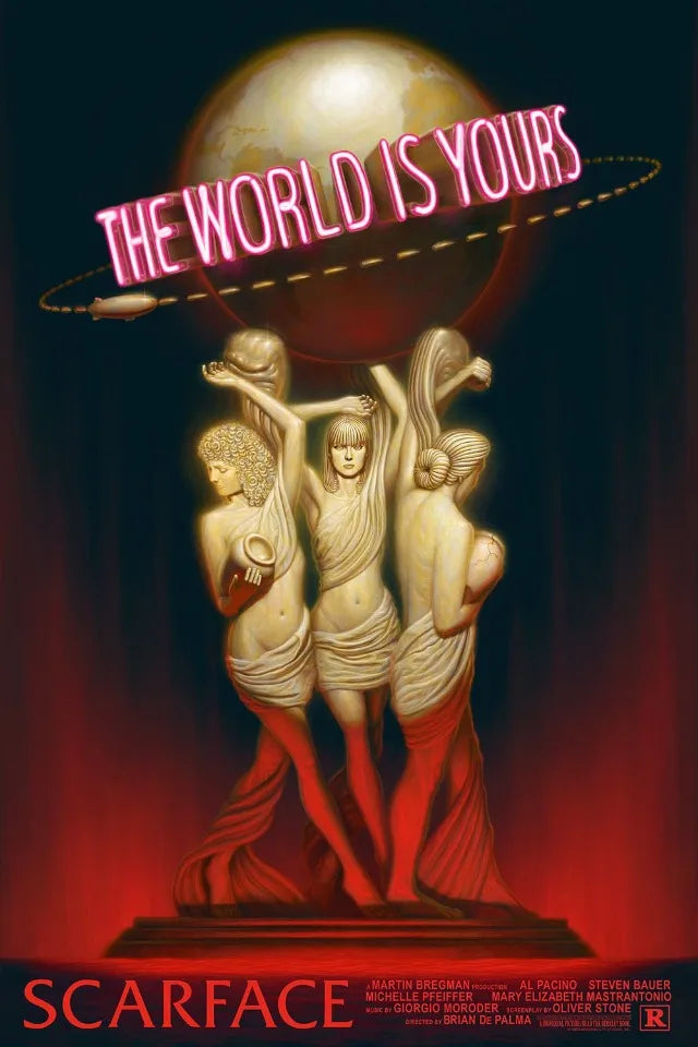 Wall art featuring three women in flowing white fabric against a dark background with the text The World Is Yours