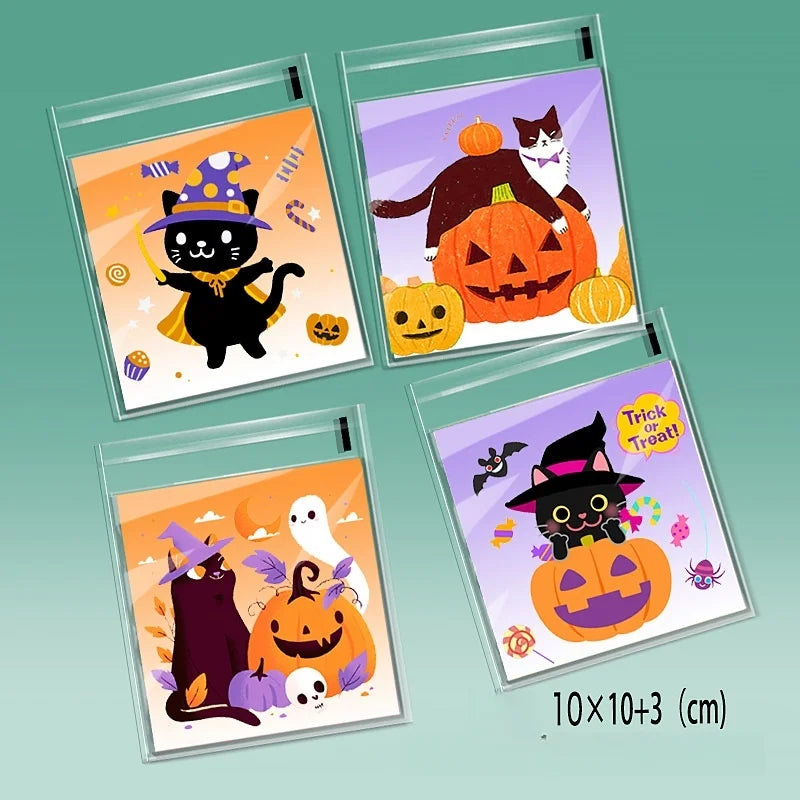 A set of five Halloween cellophane treat bags featuring cute cat and pumpkin designs for trick or treat