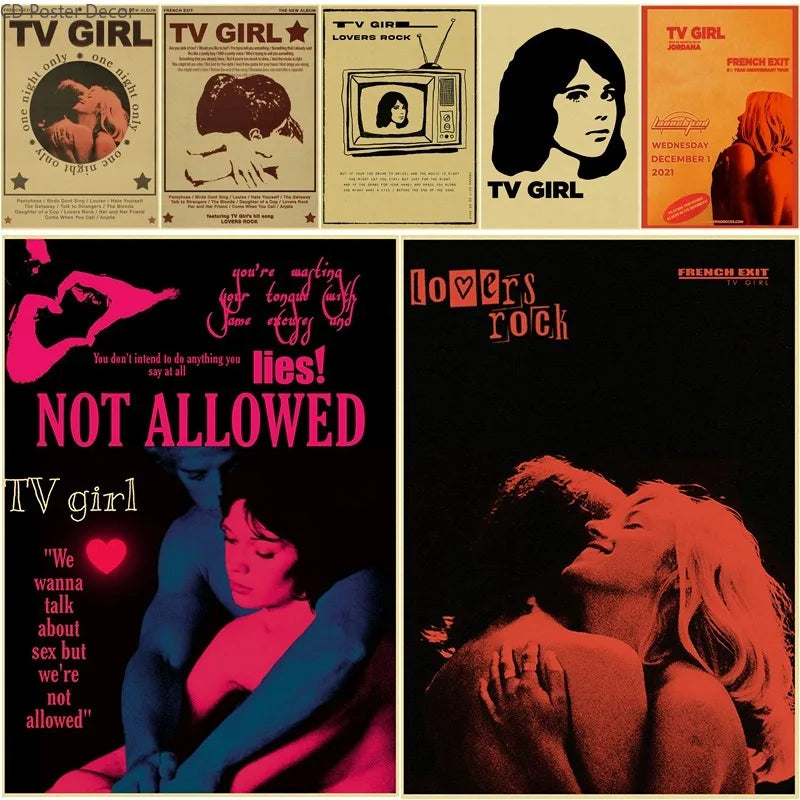 A collage of retro TV Girl music posters featuring album art, text, and imagery related to the band.