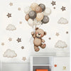 Décalcomanies murales adorables d'ours en peluche marron avec nuages et étoiles sur fond blanc