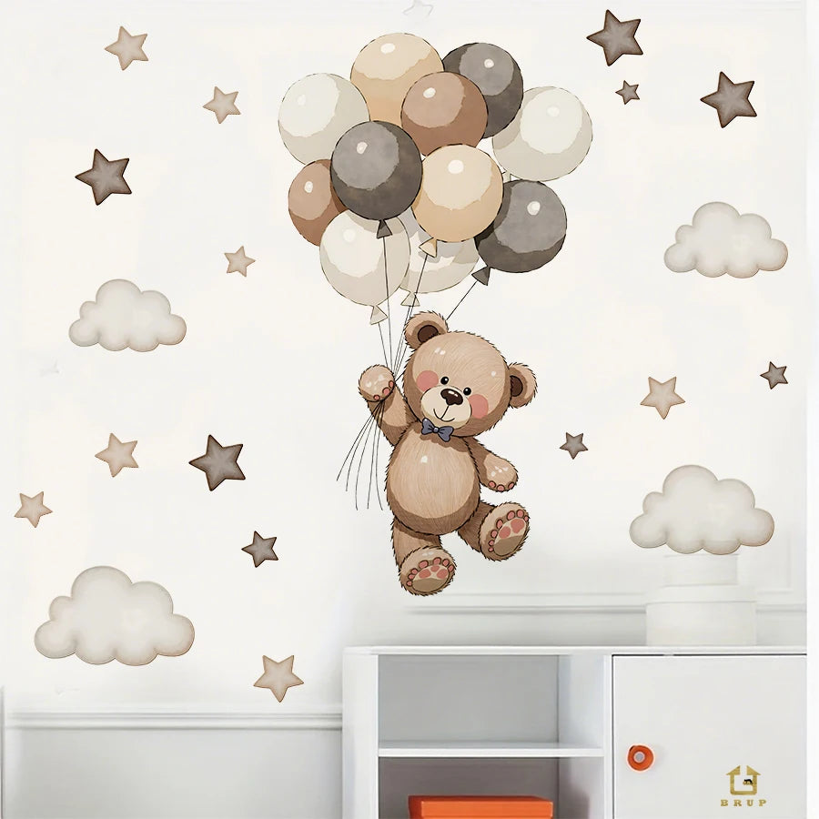 Décalcomanies murales adorables d'ours en peluche marron avec nuages et étoiles sur fond blanc