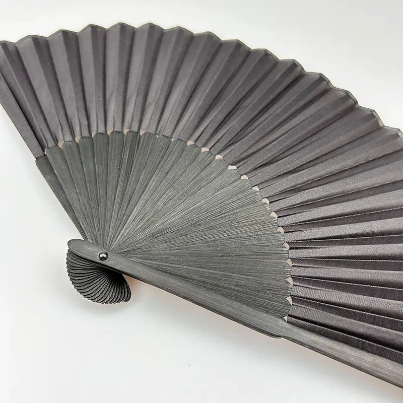 A black folding hand fan with a bamboo frame shown in profile.